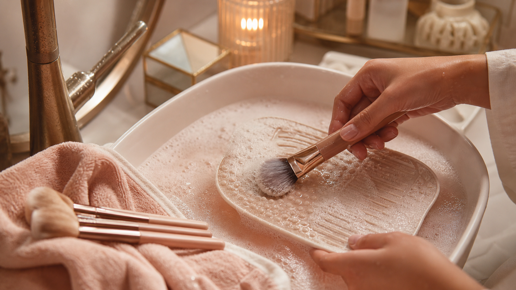 Editorial beauty scene for A Makeup Brush Cleaner That Turned Sunday Into a Small Reset.