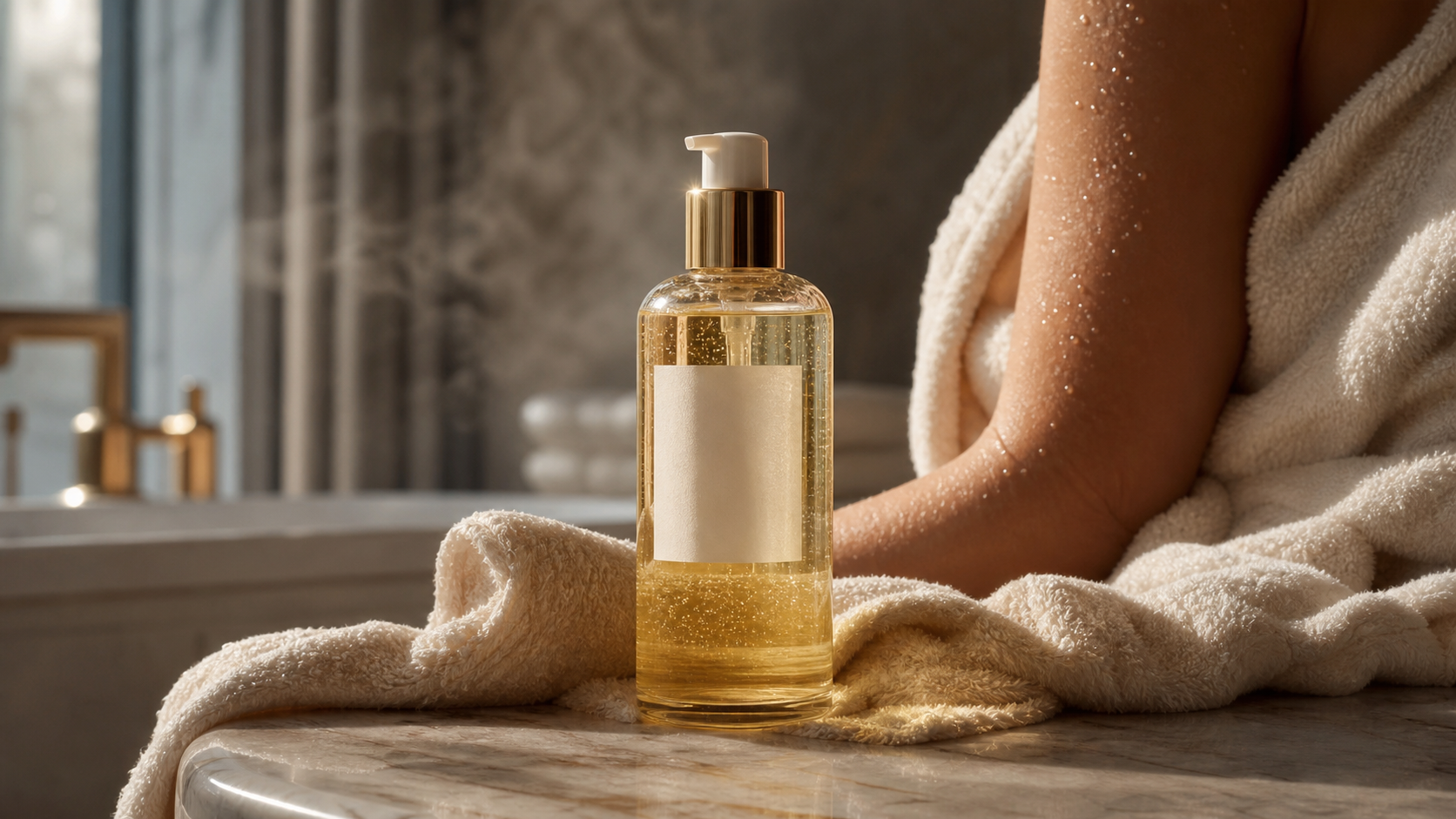Editorial beauty scene for The Body Oil That Made Post-Shower Skincare Feel Like a Pause.