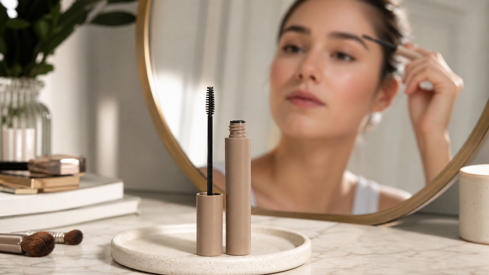 Editorial beauty scene for The Brow Gel That Made Me Stop Overworking My Face.