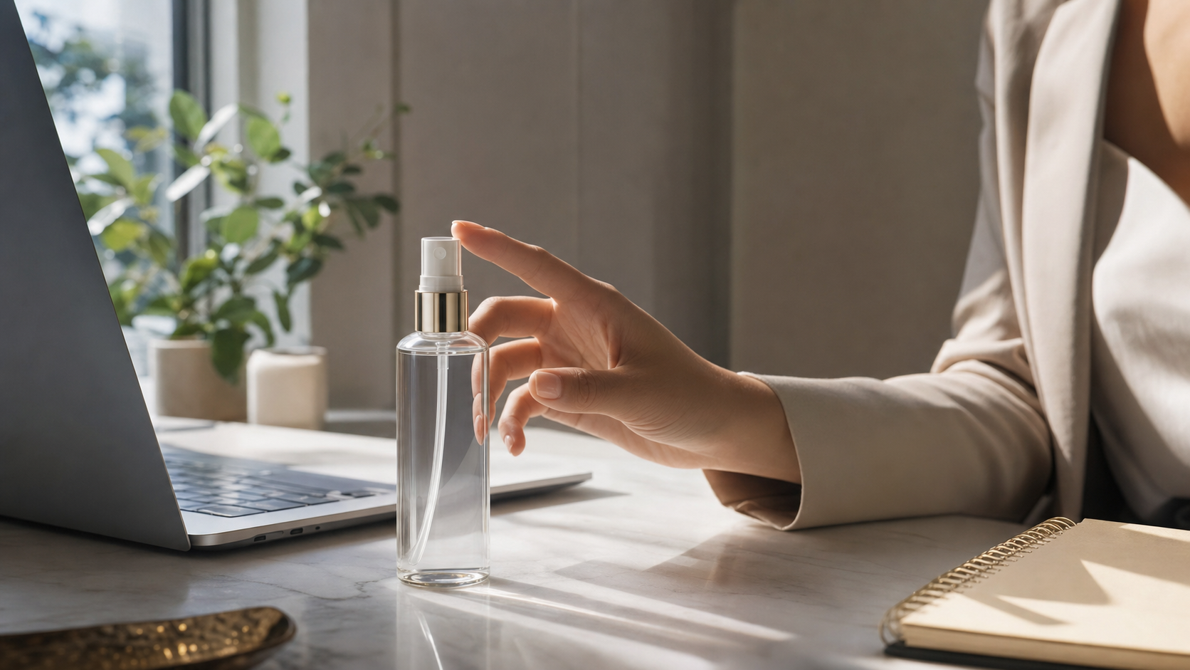 Editorial beauty scene for The Face Mist I Keep on My Desk for the Three-PM Version of Me.