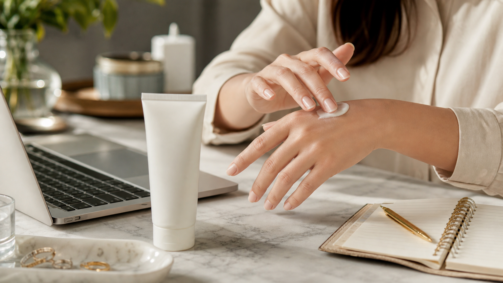 Editorial beauty scene for The Hand Cream That Earned a Permanent Place Next to My Keyboard.
