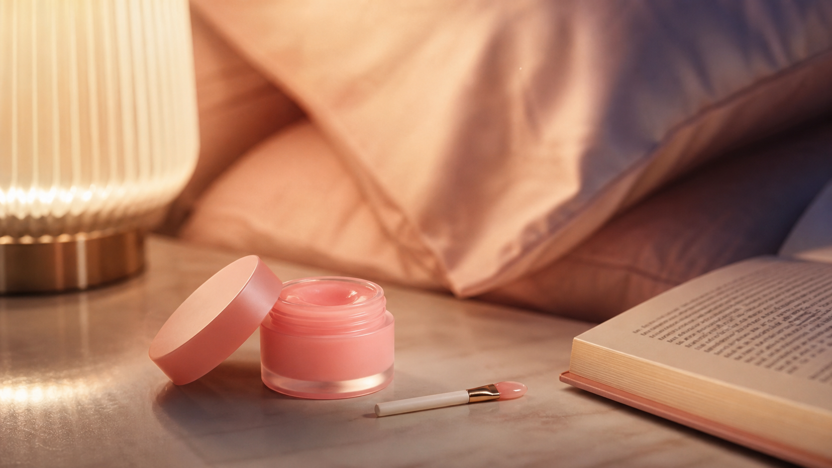 Editorial beauty scene for The Lip Mask That Survived My Bedside Table Test.