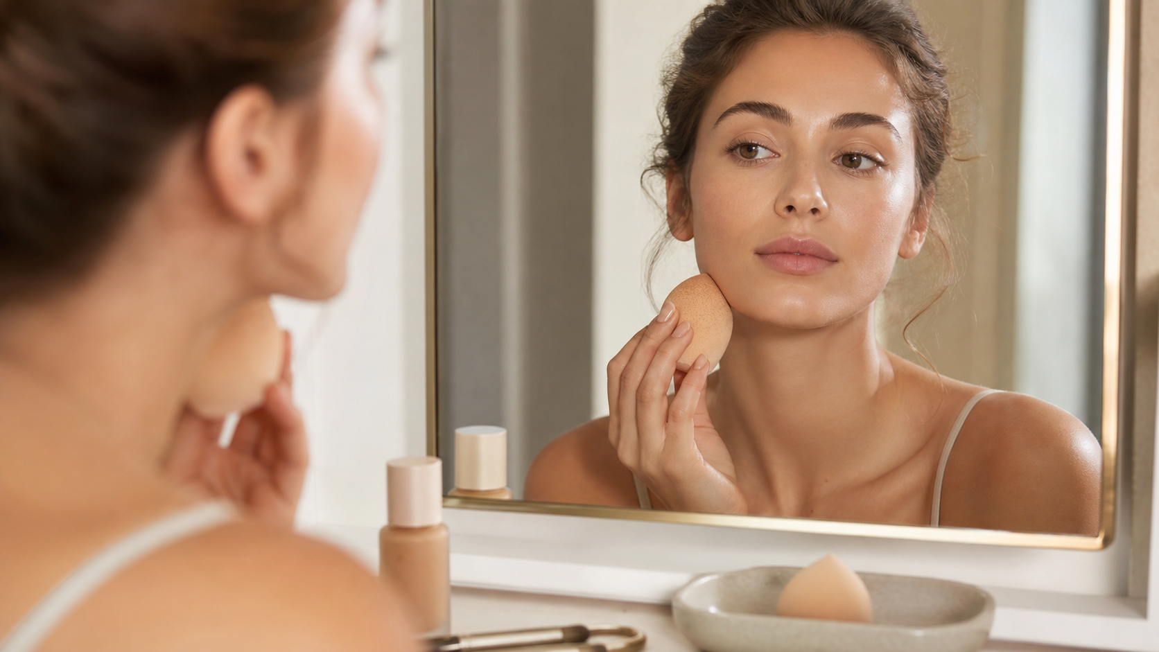 Editorial beauty scene for The Makeup Sponge That Made My Base Look Less Labored.
