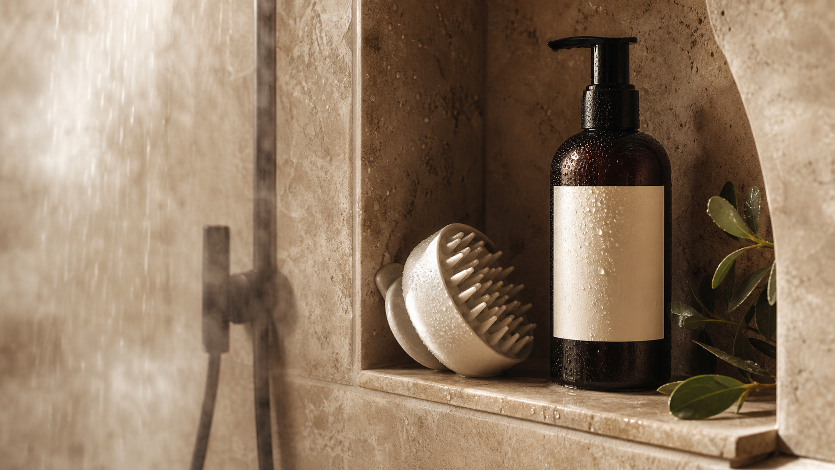 Editorial beauty scene for The Scalp Brush That Turned Shampoo Into a Real Ritual.