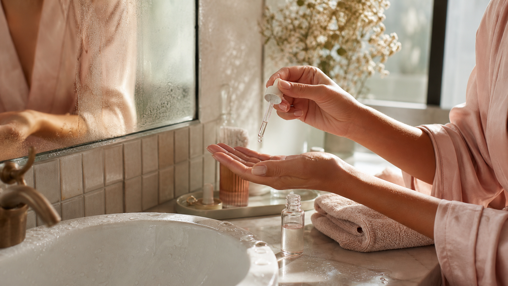 Editorial beauty scene for The Serum I Started Reaching For Before My Mirror Finished Fogging.