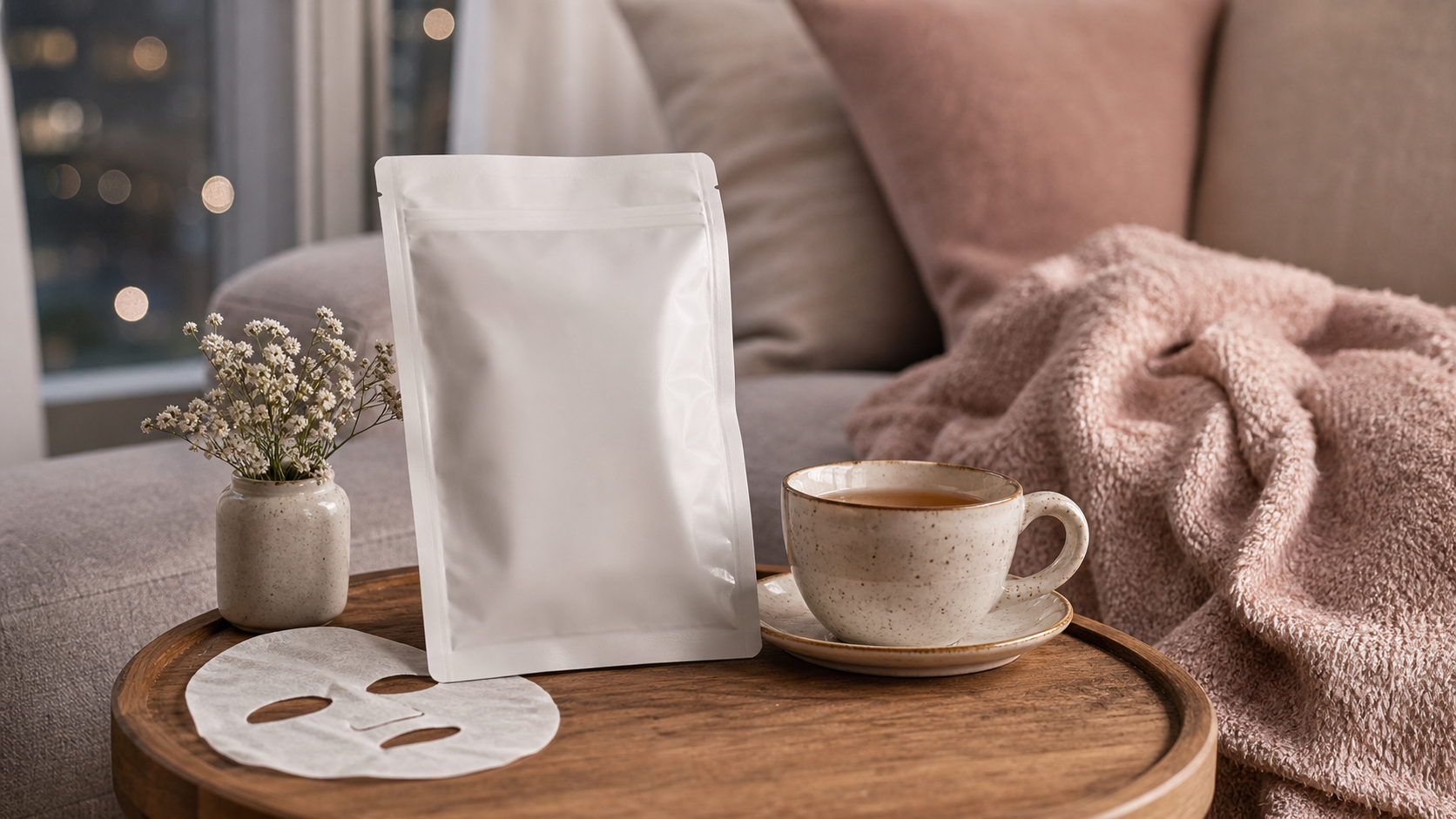 Editorial beauty scene for The Sheet Mask I Save for When My Face Feels Socially Exhausted.