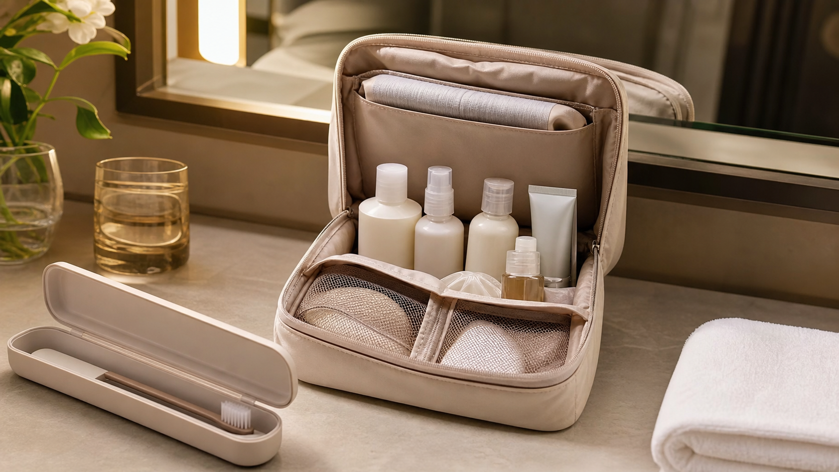 Editorial beauty scene for The Travel Pouch That Kept My Beauty Routine From Spilling Into Chaos.